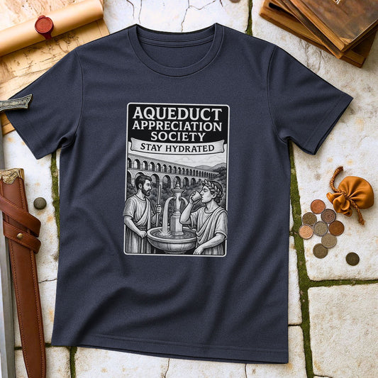 Heather Navy blue t-shirt with 'Aqueduct Appreciation Society' graphic on a stone surface with Roman-themed items.