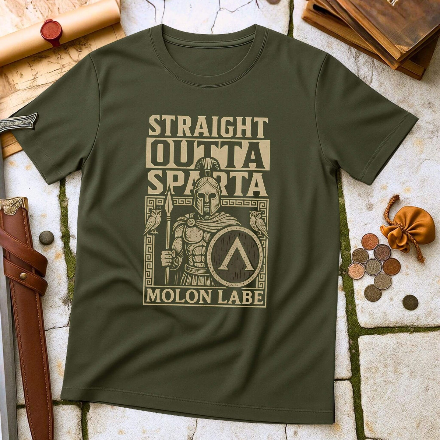 Straight Outta Sparta T-Shirt | Molon Labe Spartan Warrior Tee | Greek History Military Parody Gift