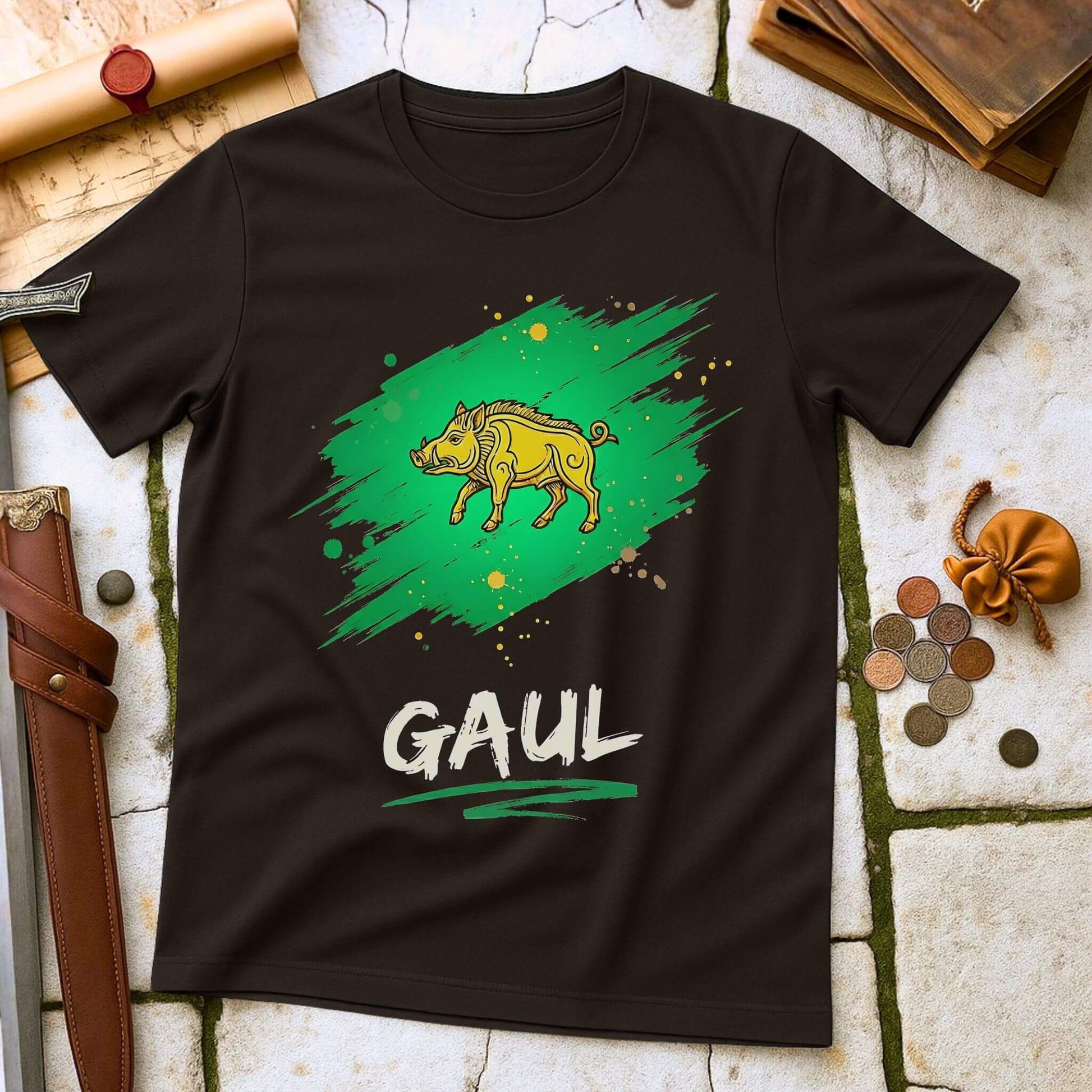 Dark Chocolate t-shirt with a green graphic and 'GAUL' text on a stone surface with coins and a belt.