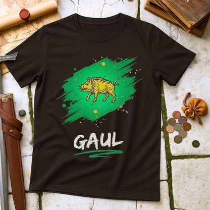 Dark Chocolate t-shirt with a green graphic and 'GAUL' text on a stone surface with coins and a belt.