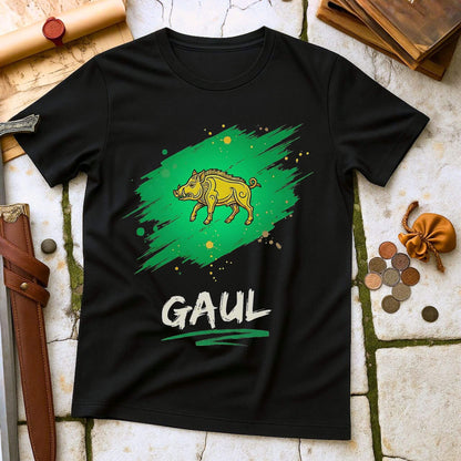 Black t-shirt with a green graphic and 'GAUL' text on a textured surface.