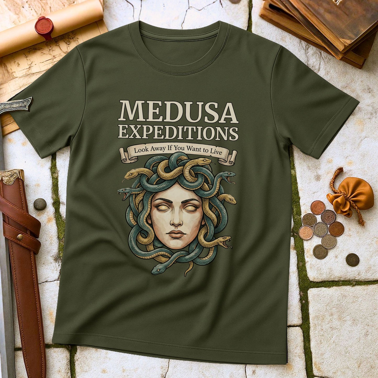 Medusa Expeditions T-Shirt | Greek Mythology Humor Parody Tee | Look Away If You Want To Live Gift