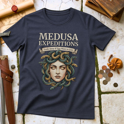 Medusa Expeditions T-Shirt | Greek Mythology Humor Parody Tee | Look Away If You Want To Live Gift