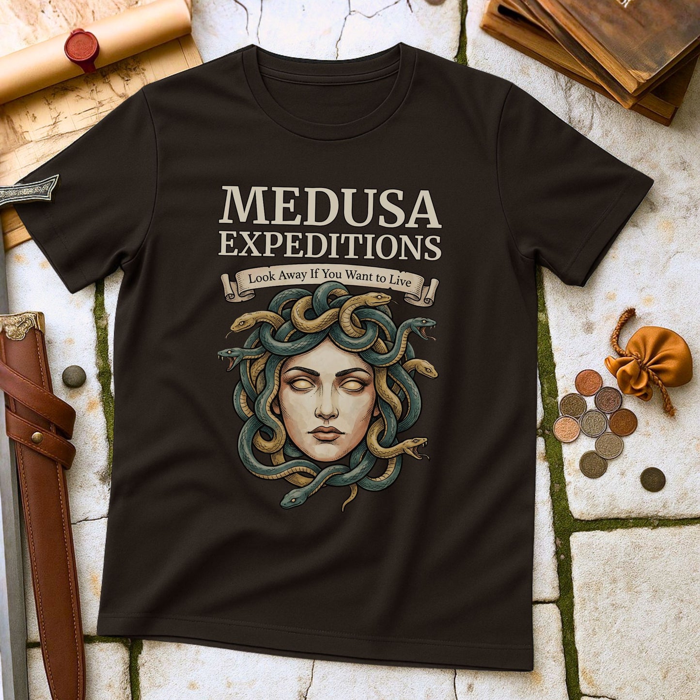 Medusa Expeditions T-Shirt | Greek Mythology Humor Parody Tee | Look Away If You Want To Live Gift