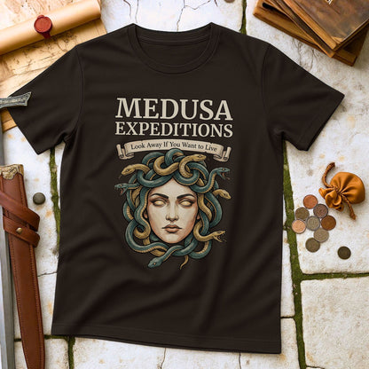 Medusa Expeditions T-Shirt | Greek Mythology Humor Parody Tee | Look Away If You Want To Live Gift