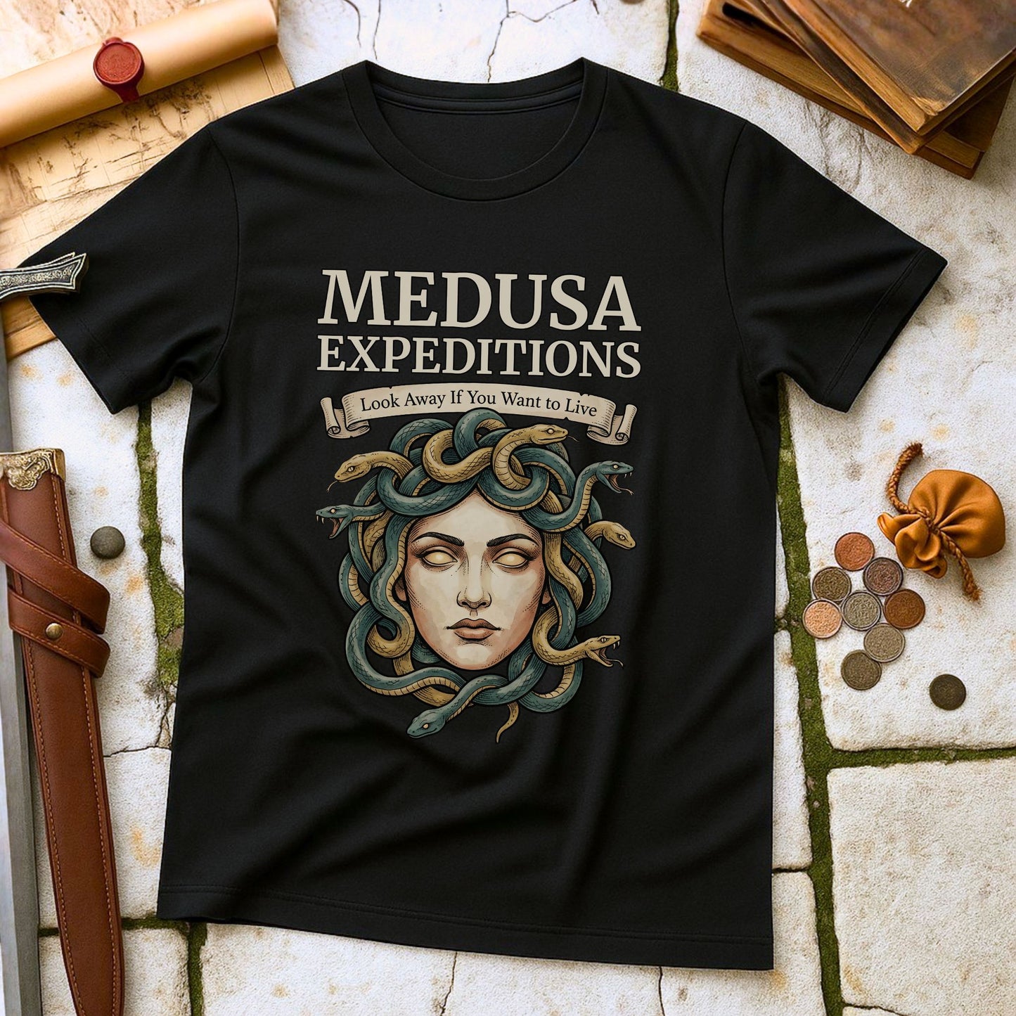Medusa Expeditions T-Shirt | Greek Mythology Humor Parody Tee | Look Away If You Want To Live Gift