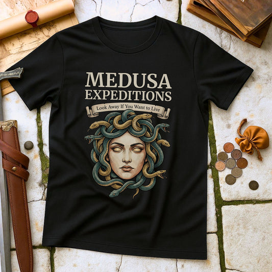Medusa Expeditions T-Shirt | Greek Mythology Humor Parody Tee | Look Away If You Want To Live Gift