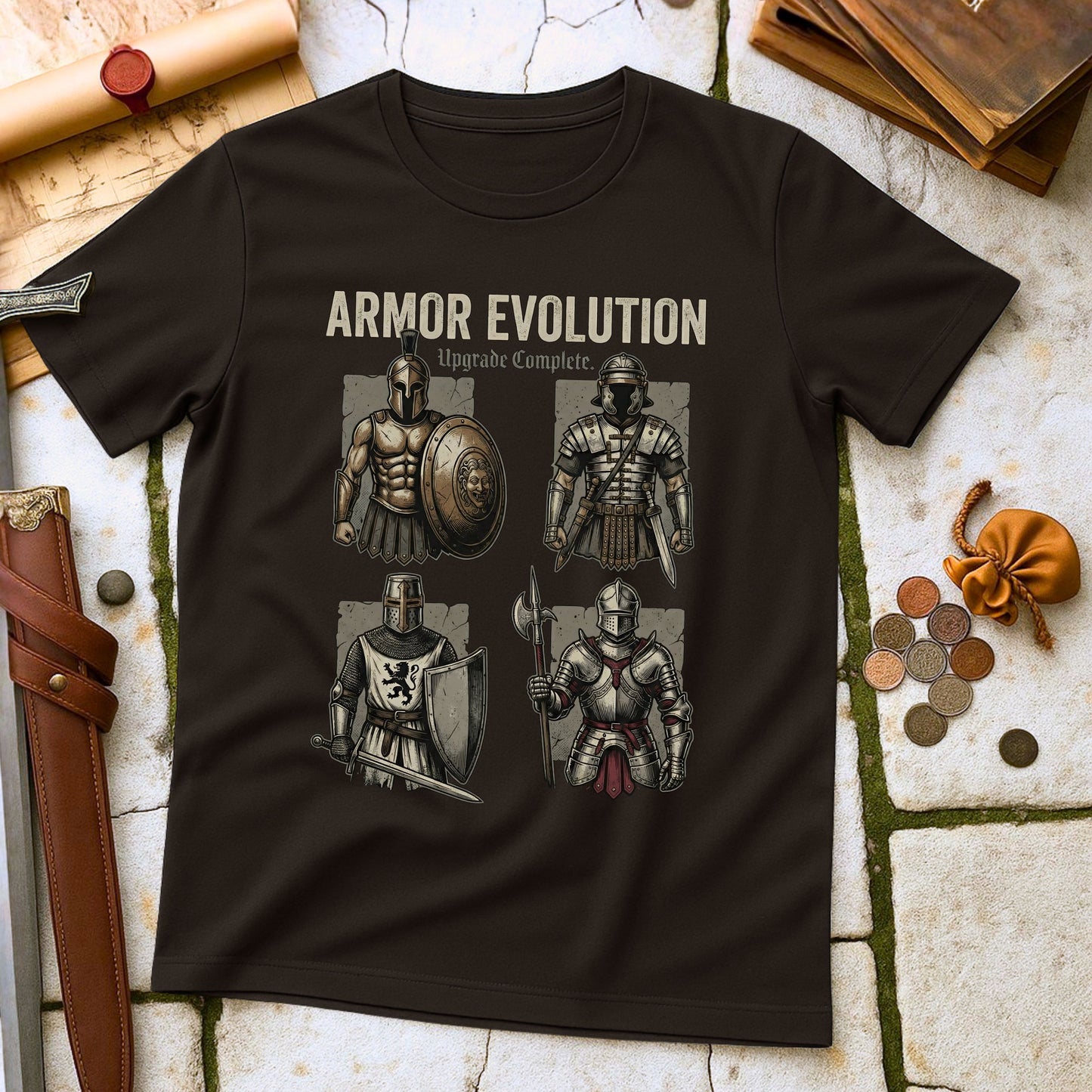 Armor Evolution Upgrade Complete T-Shirt | Ancient Greek Medieval Knight Tee | Military History Parody Gift