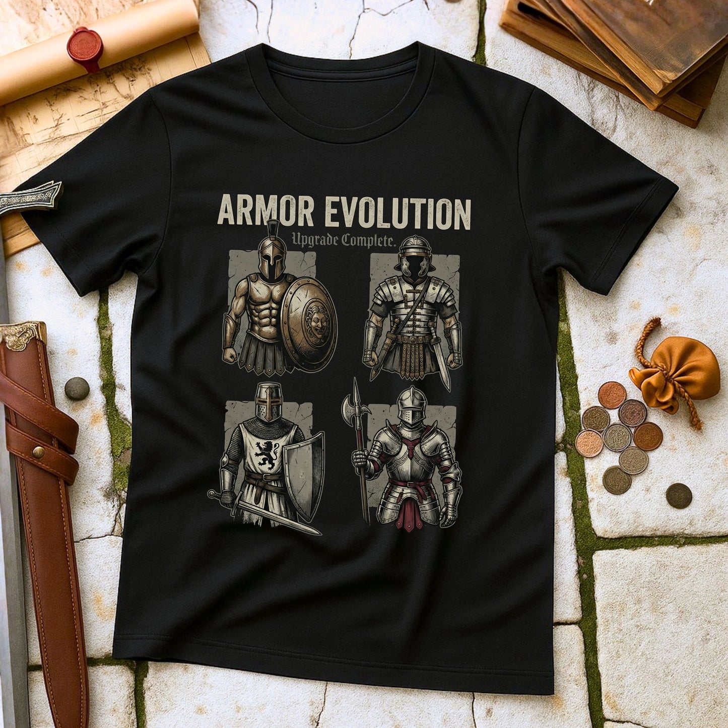 Armor Evolution Upgrade Complete T-Shirt | Ancient Greek Medieval Knight Tee | Military History Parody Gift