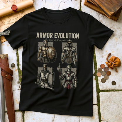Armor Evolution Upgrade Complete T-Shirt | Ancient Greek Medieval Knight Tee | Military History Parody Gift