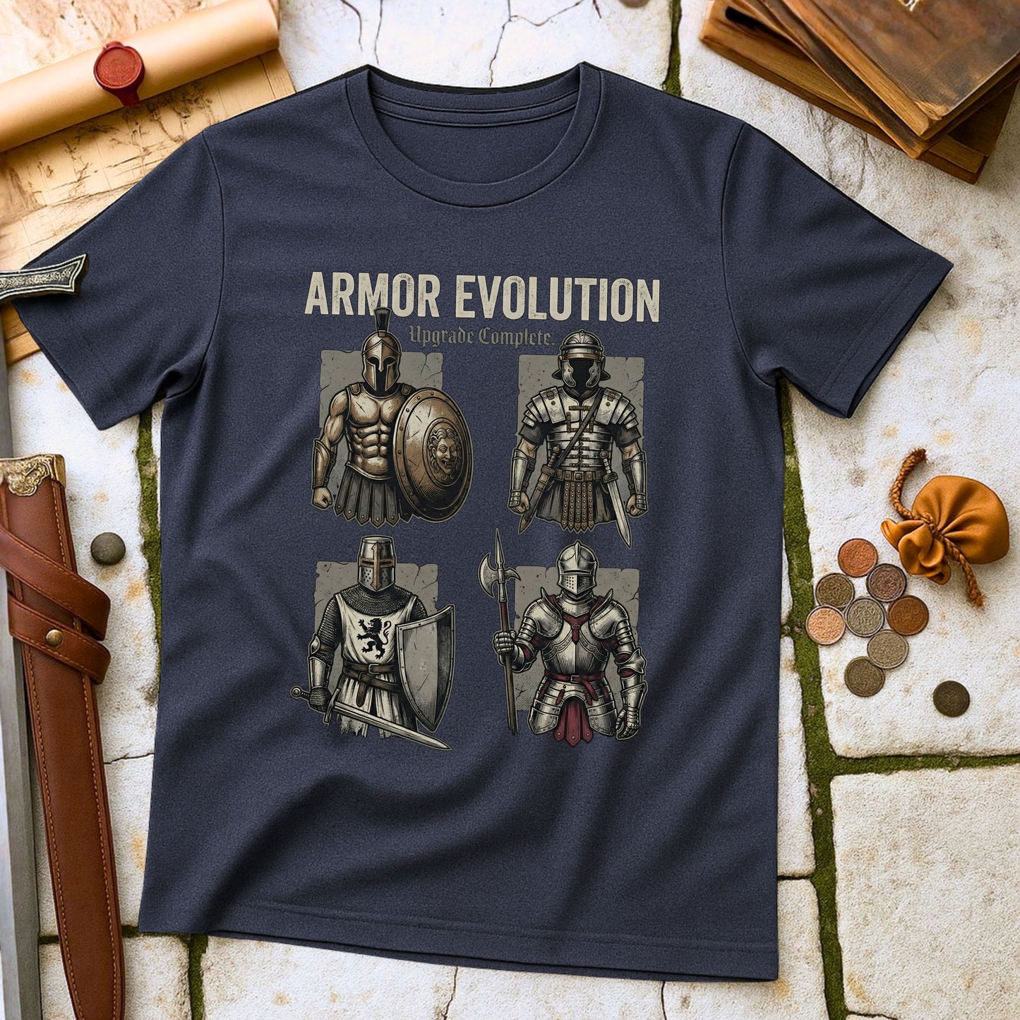 Armor Evolution Upgrade Complete T-Shirt | Ancient Greek Medieval Knight Tee | Military History Parody Gift