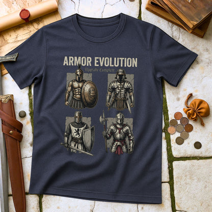 Armor Evolution Upgrade Complete T-Shirt | Ancient Greek Medieval Knight Tee | Military History Parody Gift