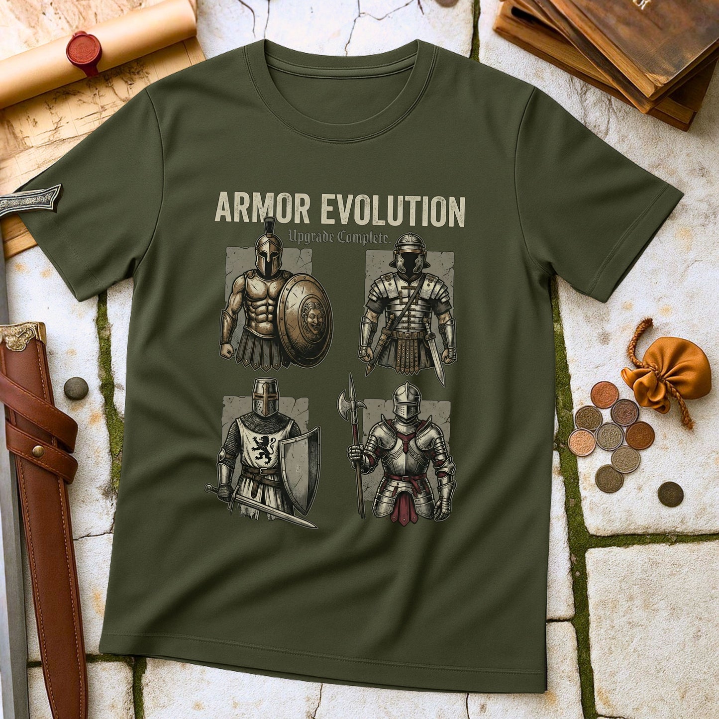 Armor Evolution Upgrade Complete T-Shirt | Ancient Greek Medieval Knight Tee | Military History Parody Gift