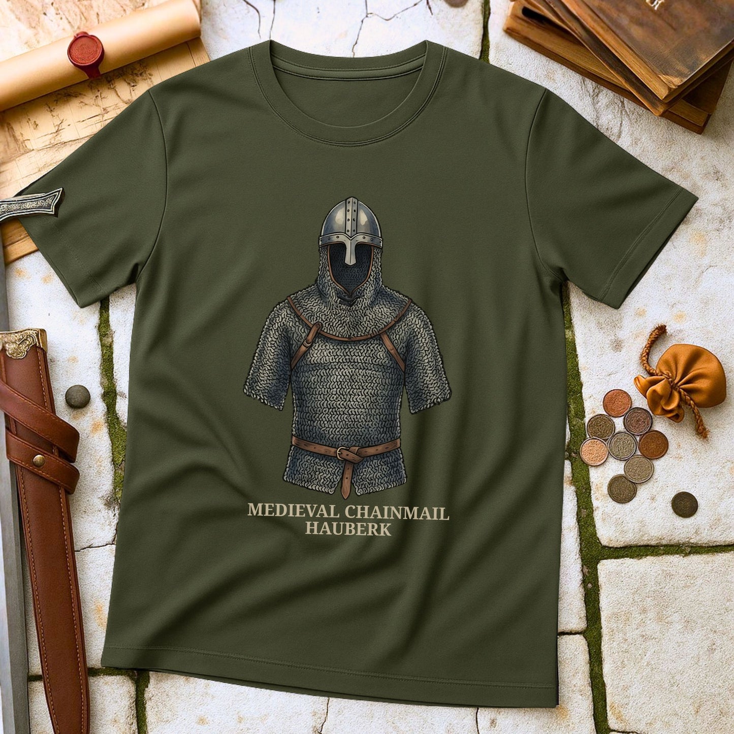 Medieval Chainmail Hauberk T-Shirt | Knight Crusader Military History Tee | Armor Reenactor Enthusiast Gift