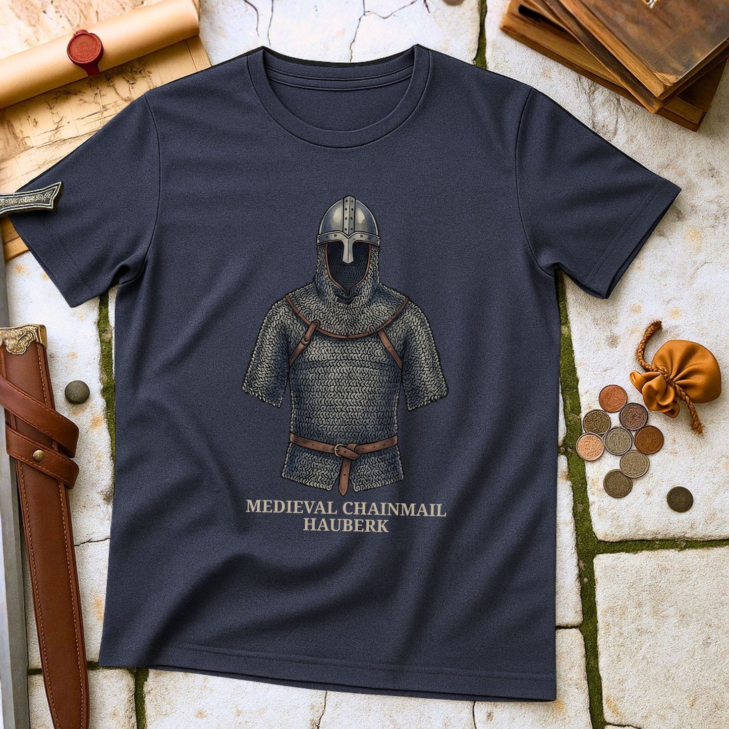 Medieval Chainmail Hauberk T-Shirt | Knight Crusader Military History Tee | Armor Reenactor Enthusiast Gift