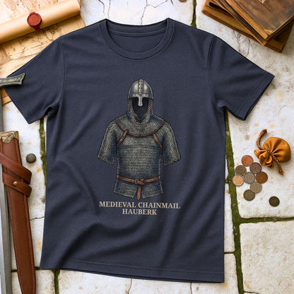 Medieval Chainmail Hauberk T-Shirt | Knight Crusader Military History Tee | Armor Reenactor Enthusiast Gift