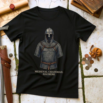 Medieval Chainmail Hauberk T-Shirt | Knight Crusader Military History Tee | Armor Reenactor Enthusiast Gift
