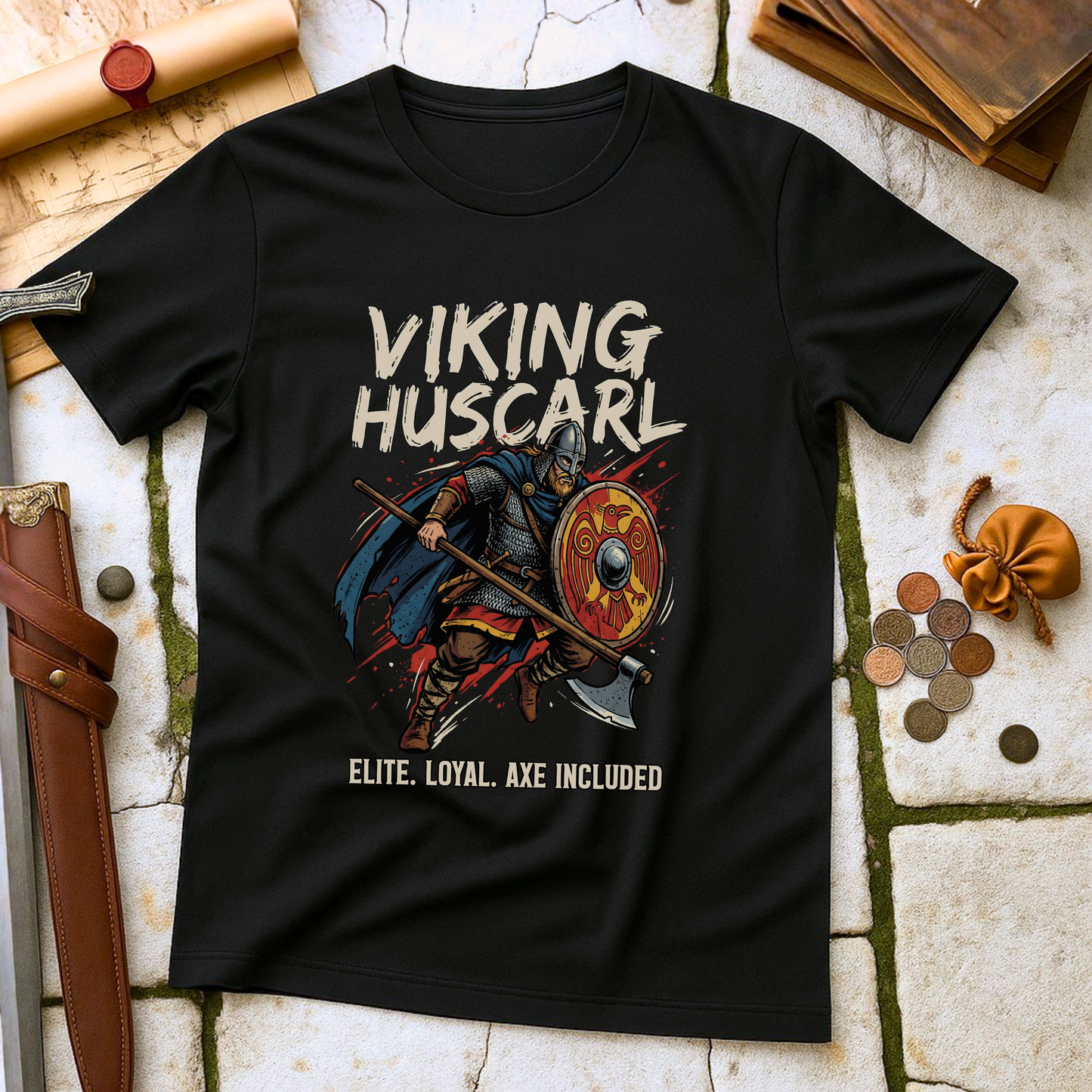 Viking Huscarl Elite T-Shirt | Anglo-Saxon Loyal Warrior Tee | Axe Included Military History Gift