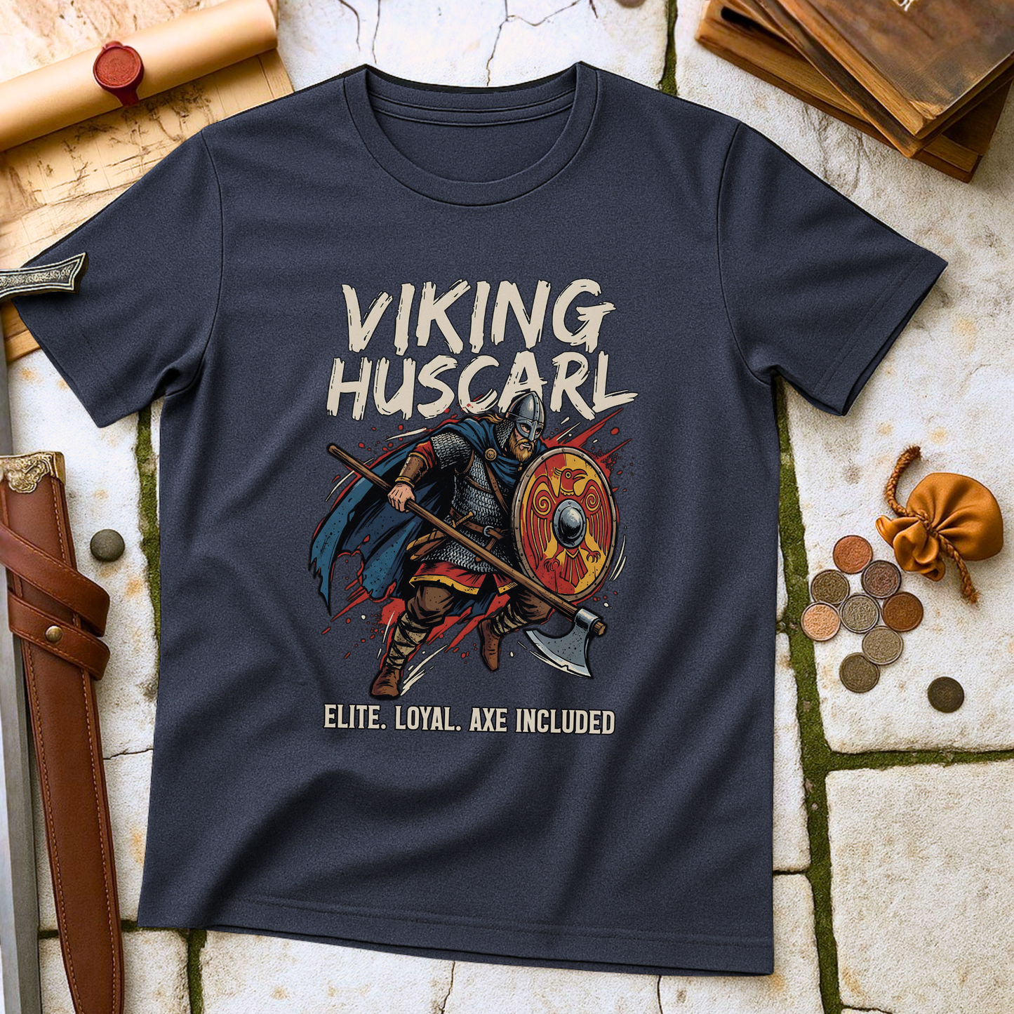 Viking Huscarl Elite T-Shirt | Anglo-Saxon Loyal Warrior Tee | Axe Included Military History Gift