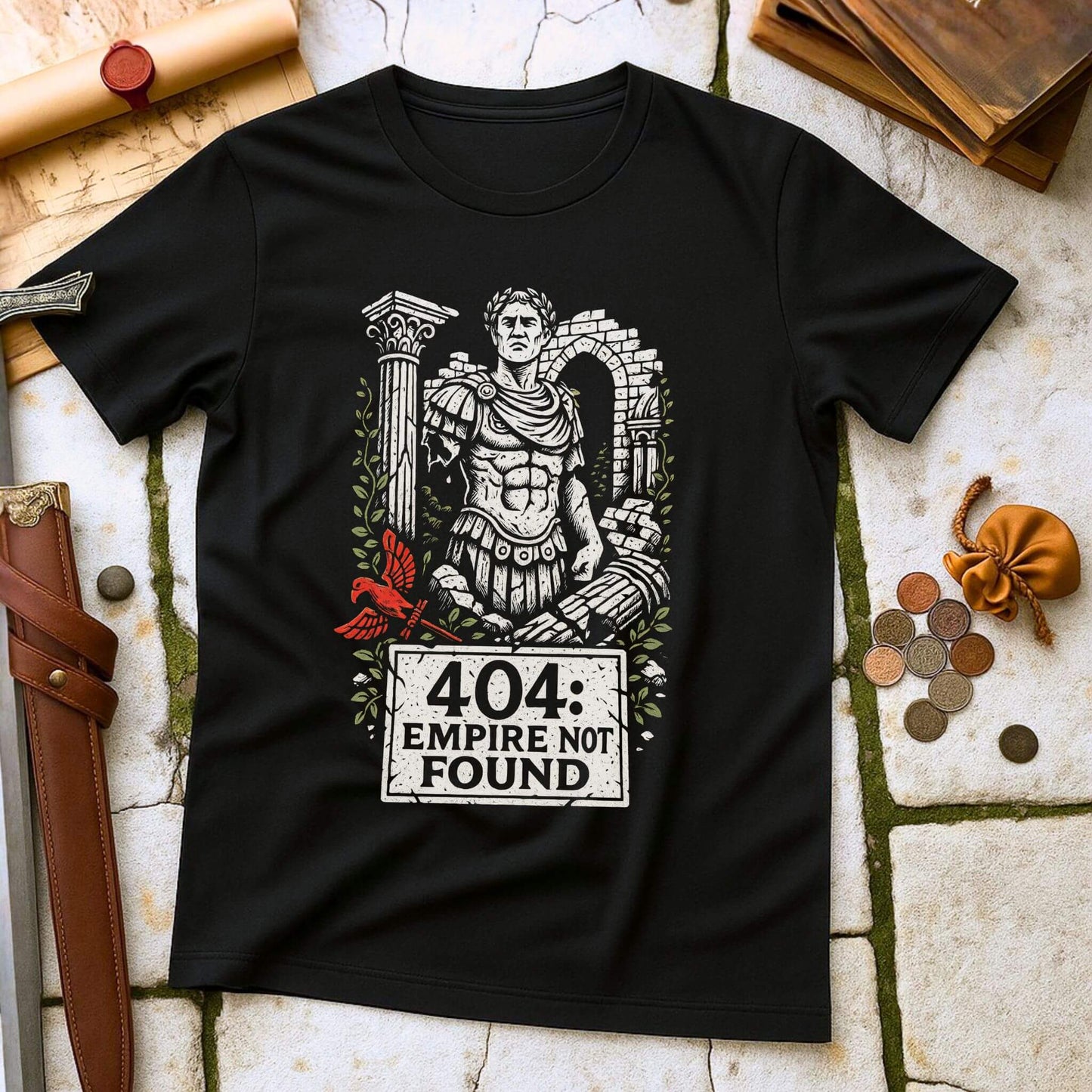 Black t-shirt with Roman emperor design and '404 Empire Not Found' text on a stone surface.