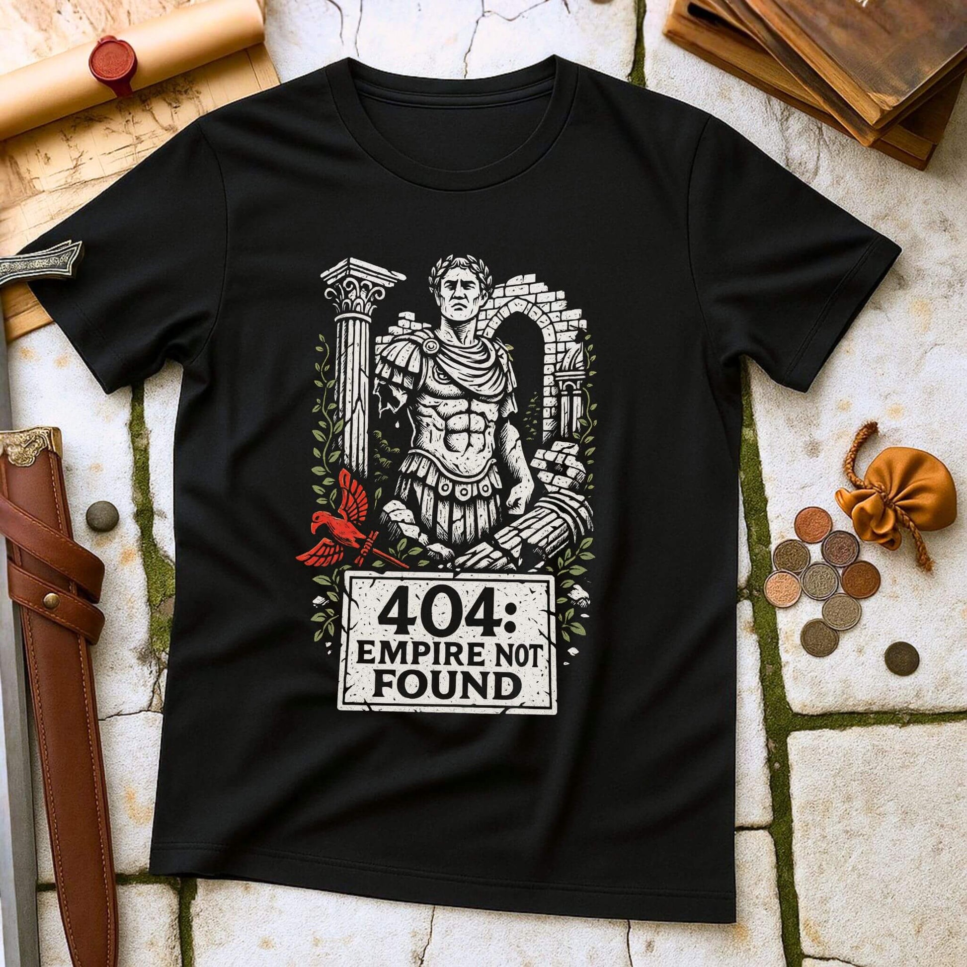Black t-shirt with Roman emperor design and '404 Empire Not Found' text on a stone surface.