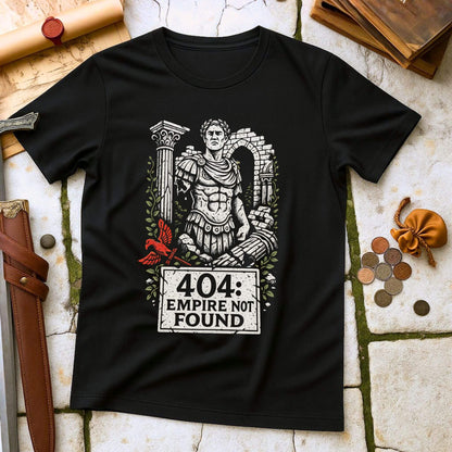 Black t-shirt with Roman emperor design and '404 Empire Not Found' text on a stone surface.