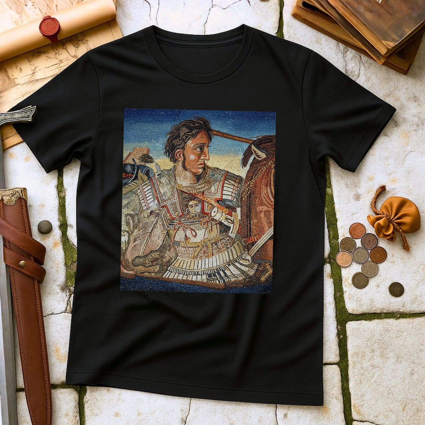 Black t-shirt with an Alexander Mosaic T-Shirt of a warrior on a textured surface with coins and a belt.