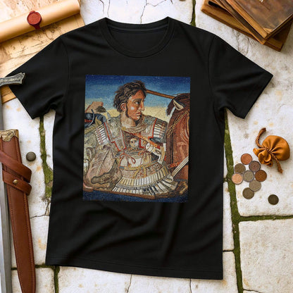 Black t-shirt with an Alexander Mosaic T-Shirt of a warrior on a textured surface with coins and a belt.