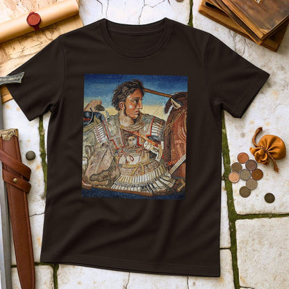 Dark Chocolate t-shirt with an Alexander Mosaic T-Shirt of a warrior on a textured surface with coins and a belt.