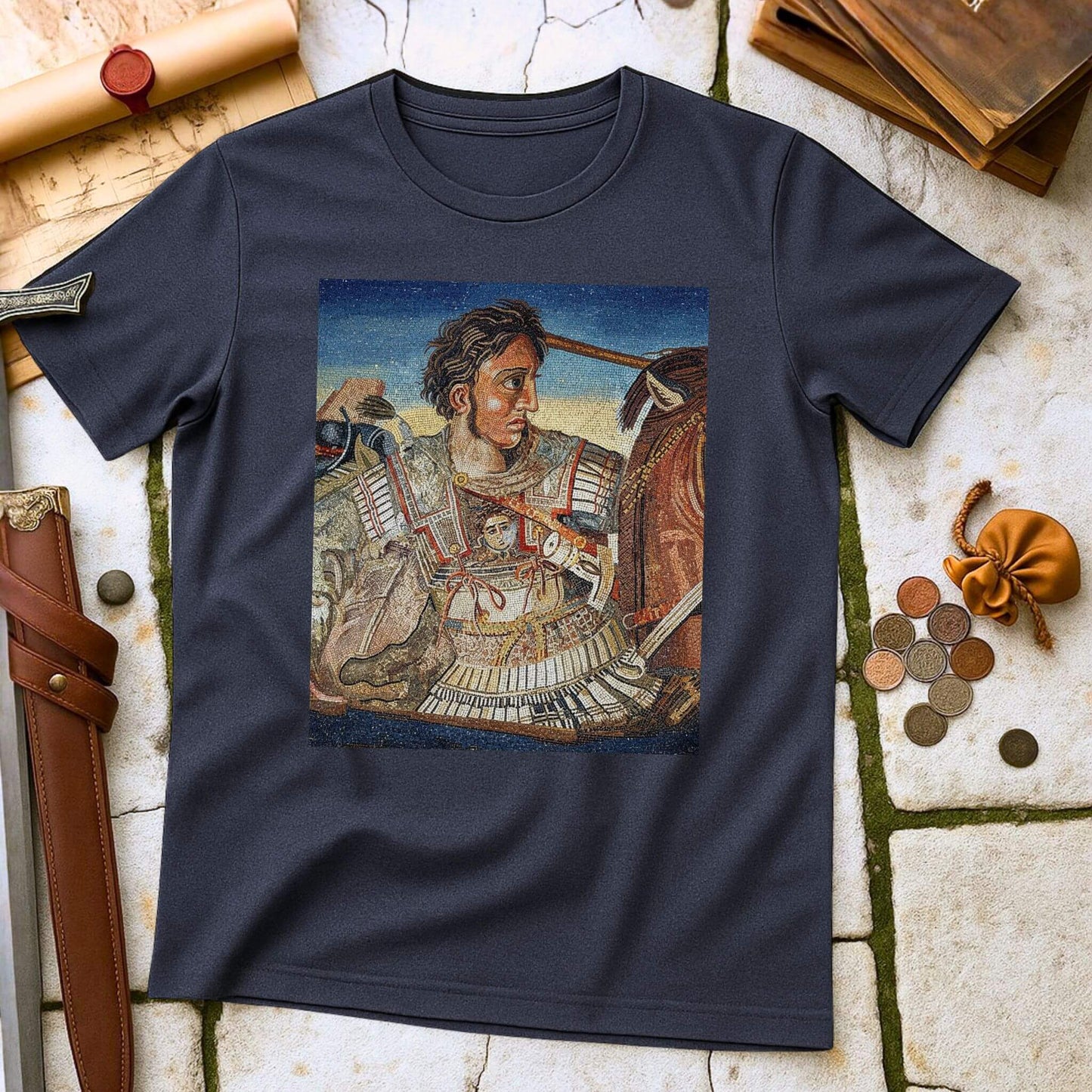 Heather Navy t-shirt with an Alexander Mosaic T-Shirt of a warrior on a textured surface with coins and a belt.