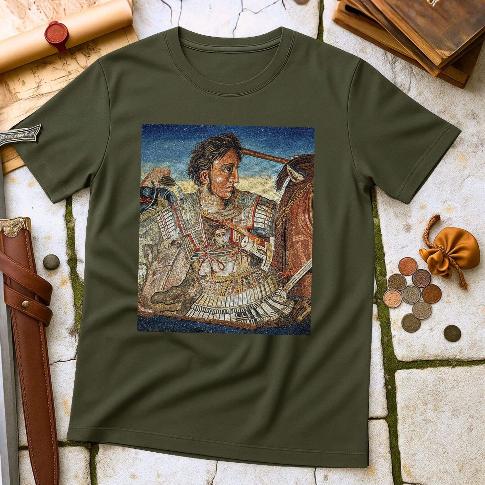 Military Green t-shirt with an Alexander Mosaic T-Shirt of a warrior on a textured surface with coins and a belt.