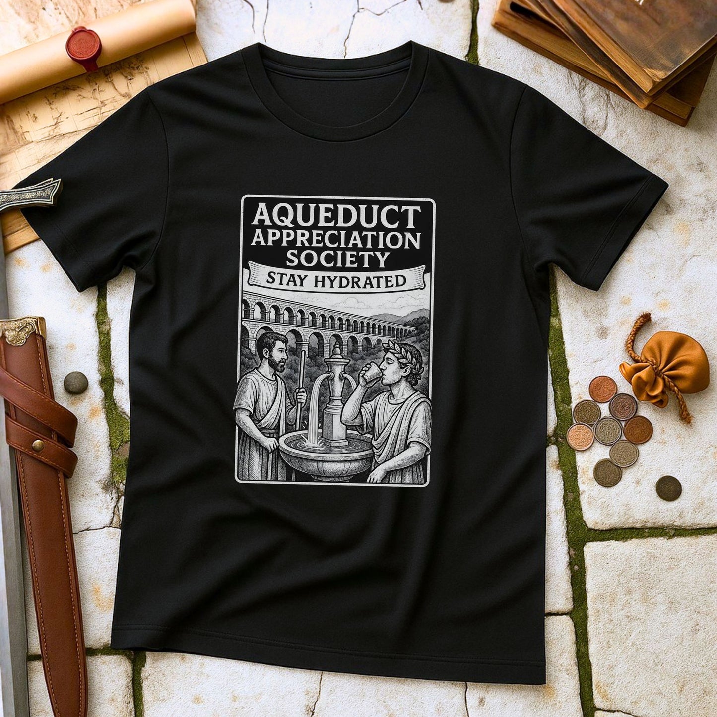 Black t-shirt with 'Aqueduct Appreciation Society' graphic on a stone surface with coins and a belt.