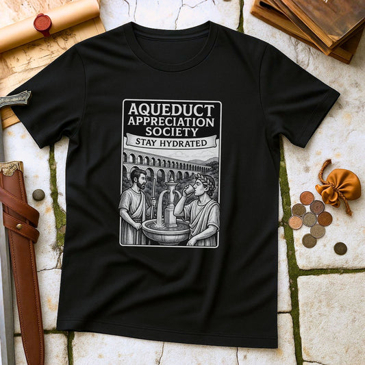 Black t-shirt with 'Aqueduct Appreciation Society' graphic on a stone surface with coins and a belt.