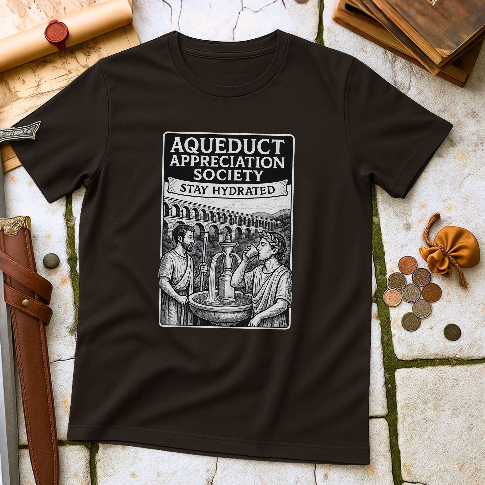 Dark Chocolate t-shirt with 'Aqueduct Appreciation Society' graphic on a stone surface with coins and a scroll.