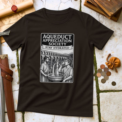 Dark Chocolate t-shirt with 'Aqueduct Appreciation Society' graphic on a stone surface with coins and a scroll.
