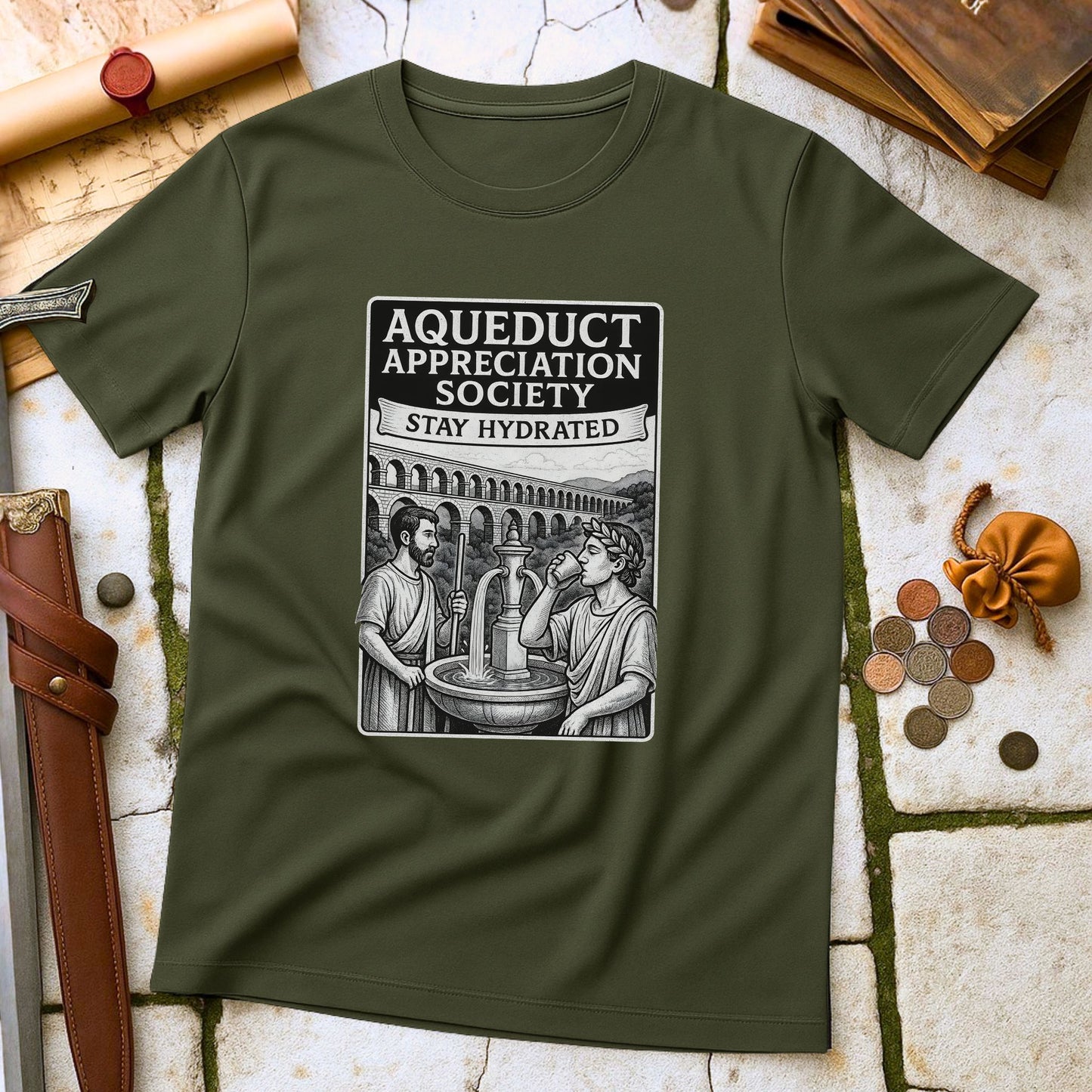 Military Green t-shirt with 'Aqueduct Appreciation Society' graphic on a stone surface with coins and a belt.