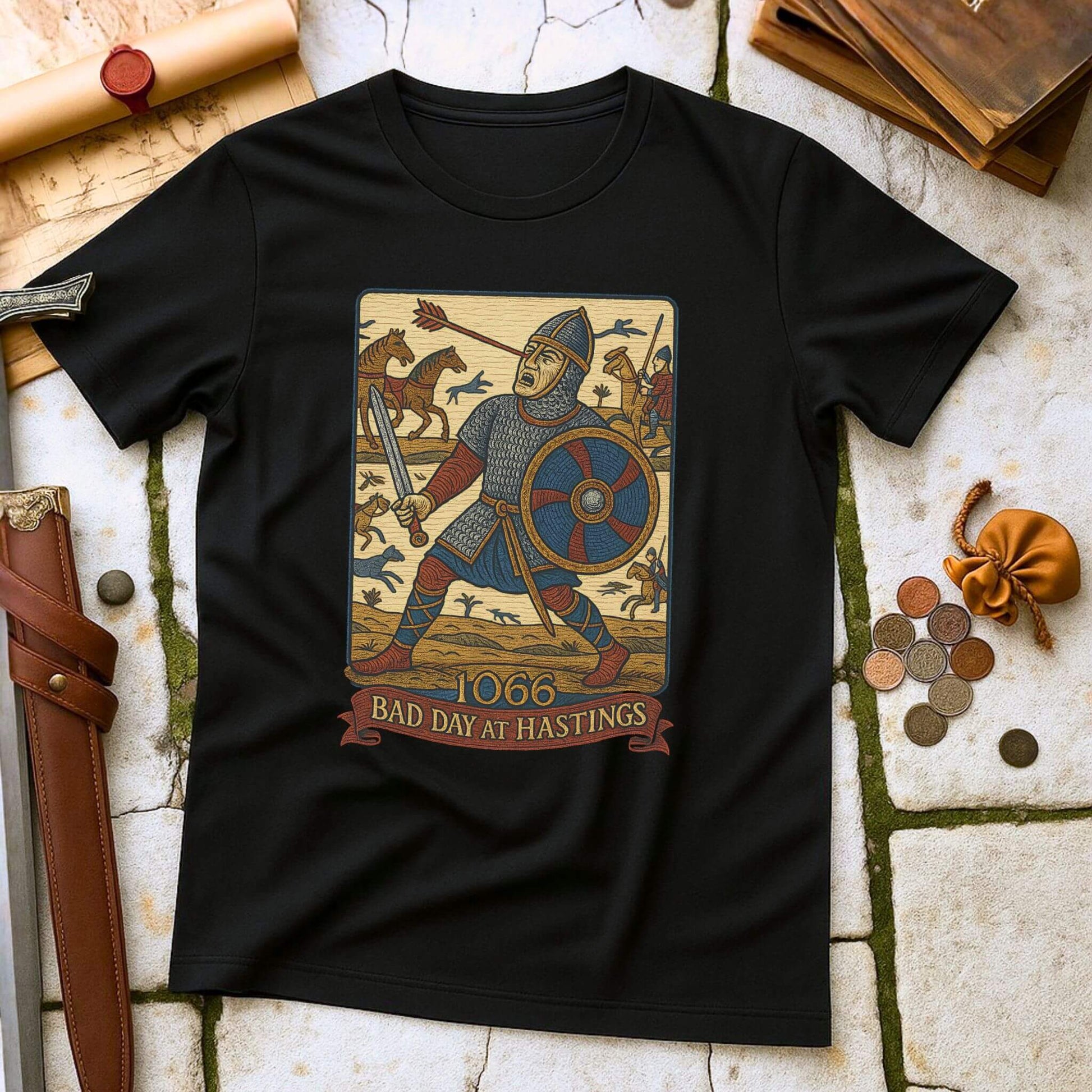 Black t-shirt with a graphic of a knight and text '1066 Bad Day at Hastings' on a stone surface.