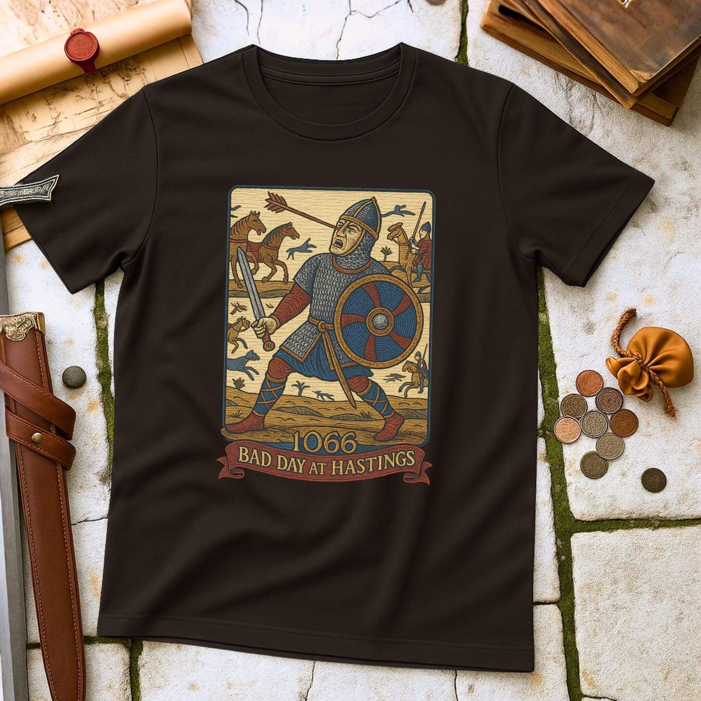 Black t-shirt with a graphic design of a knight and text '1066 Bad Day at Hastings' on a stone surface.