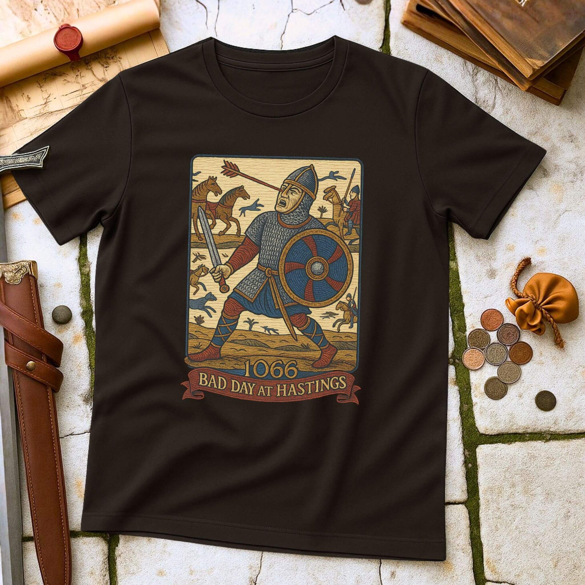 Black t-shirt with a graphic design of a knight and text '1066 Bad Day at Hastings' on a stone surface.