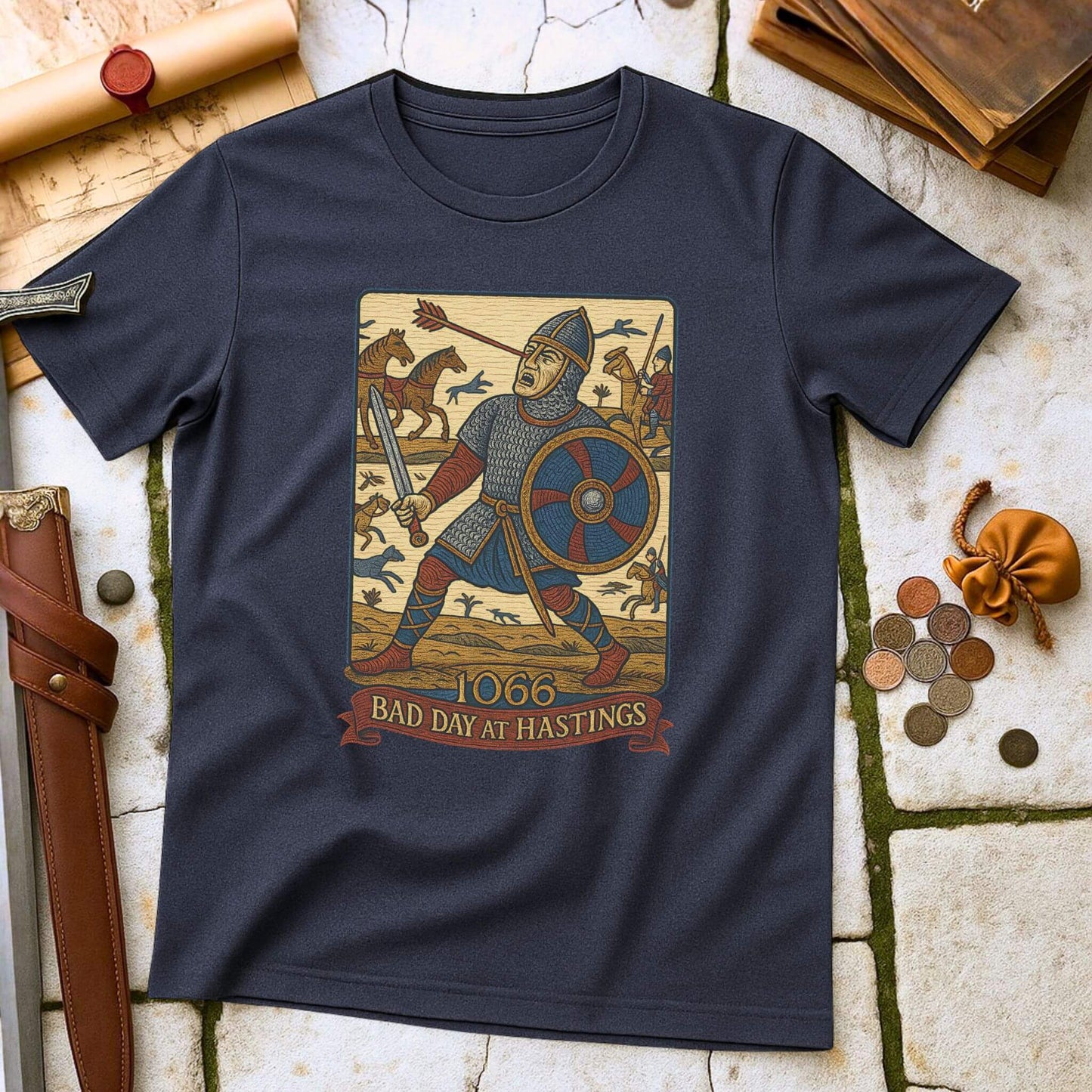 Navy blue t-shirt with a graphic of a knight and text '1066 Bad Day at Hastings' on a stone surface.