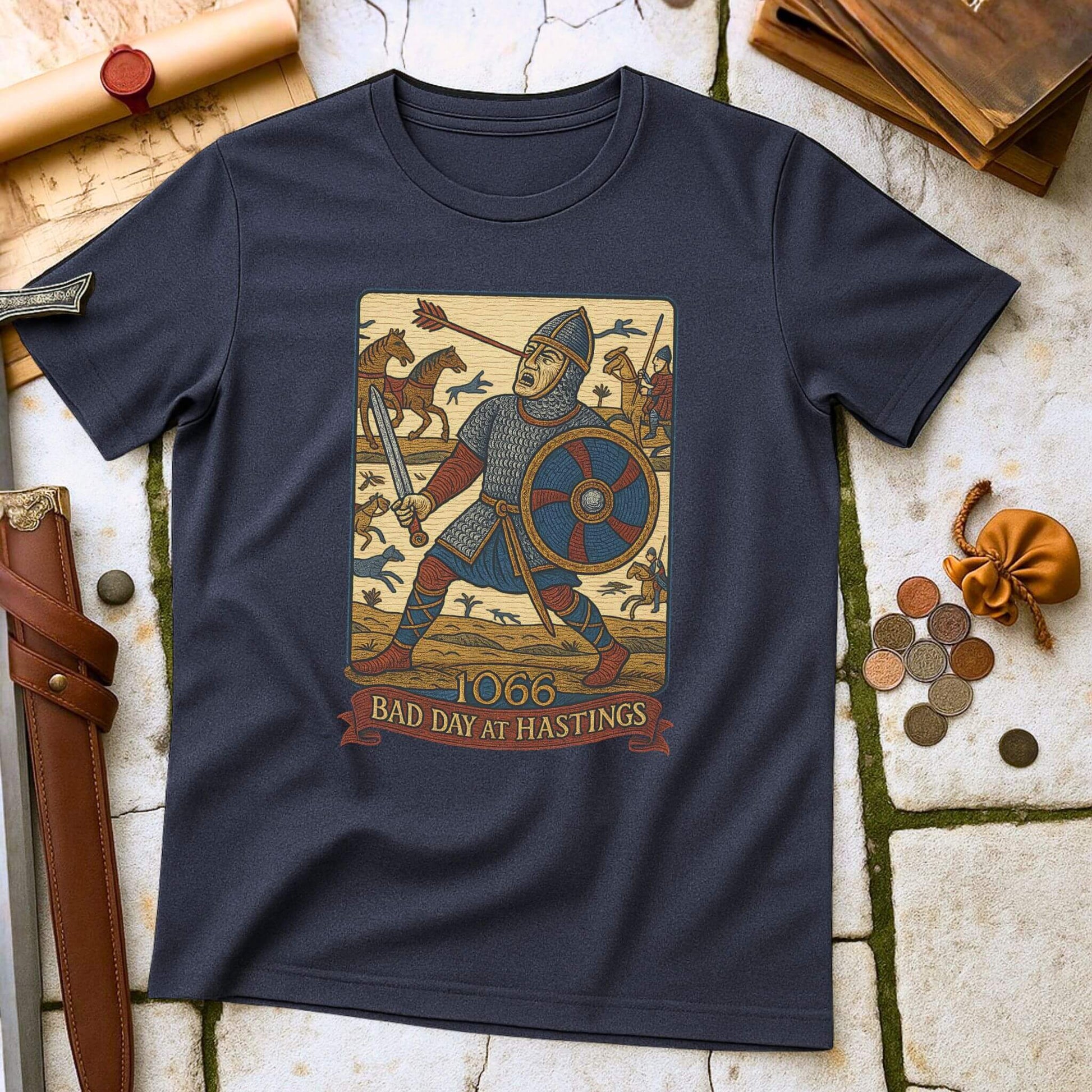 Navy blue t-shirt with a graphic of a knight and text '1066 Bad Day at Hastings' on a stone surface.