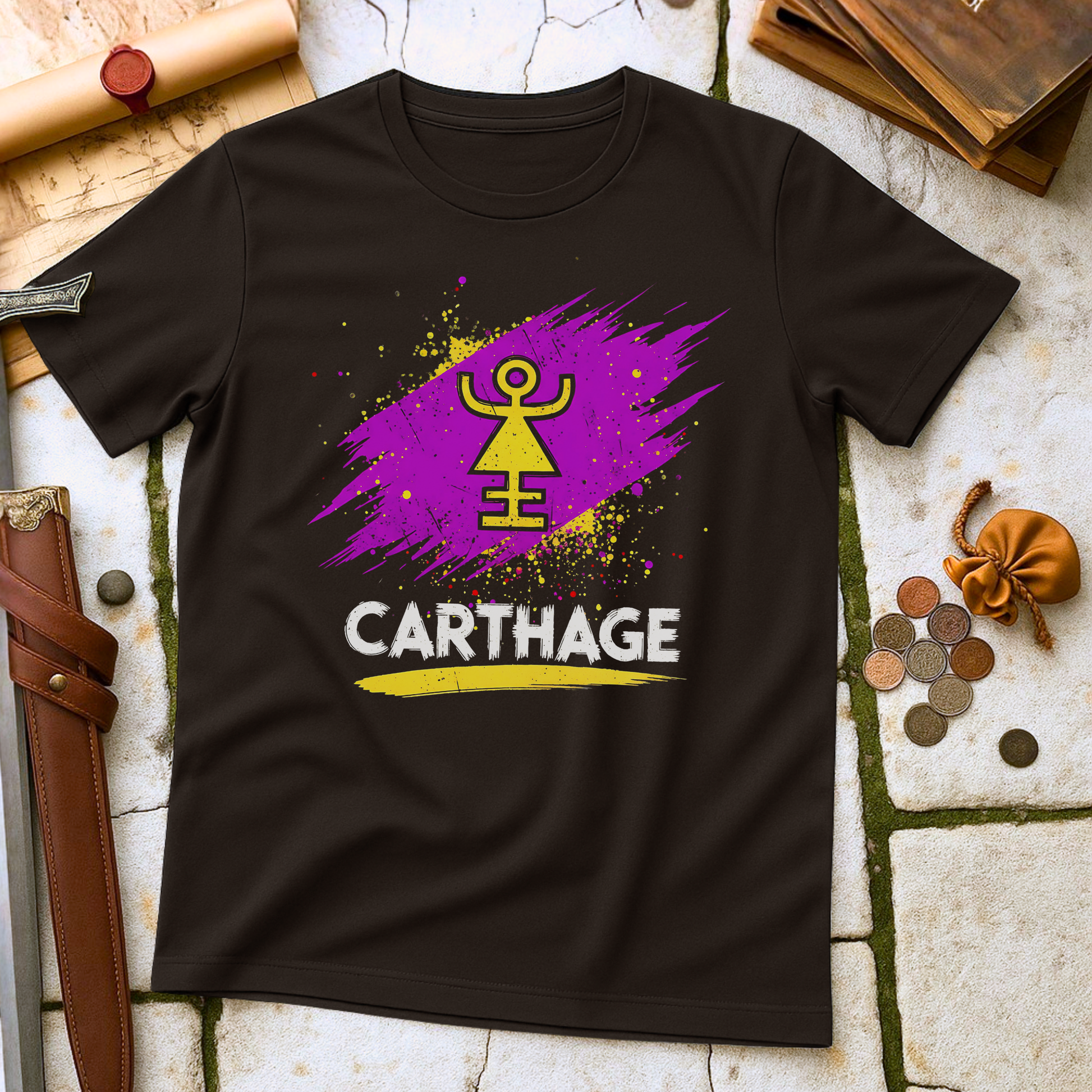 Dark Chocolate  t-shirt with a purple and yellow design and 'CARTHAGE' text on a textured surface.