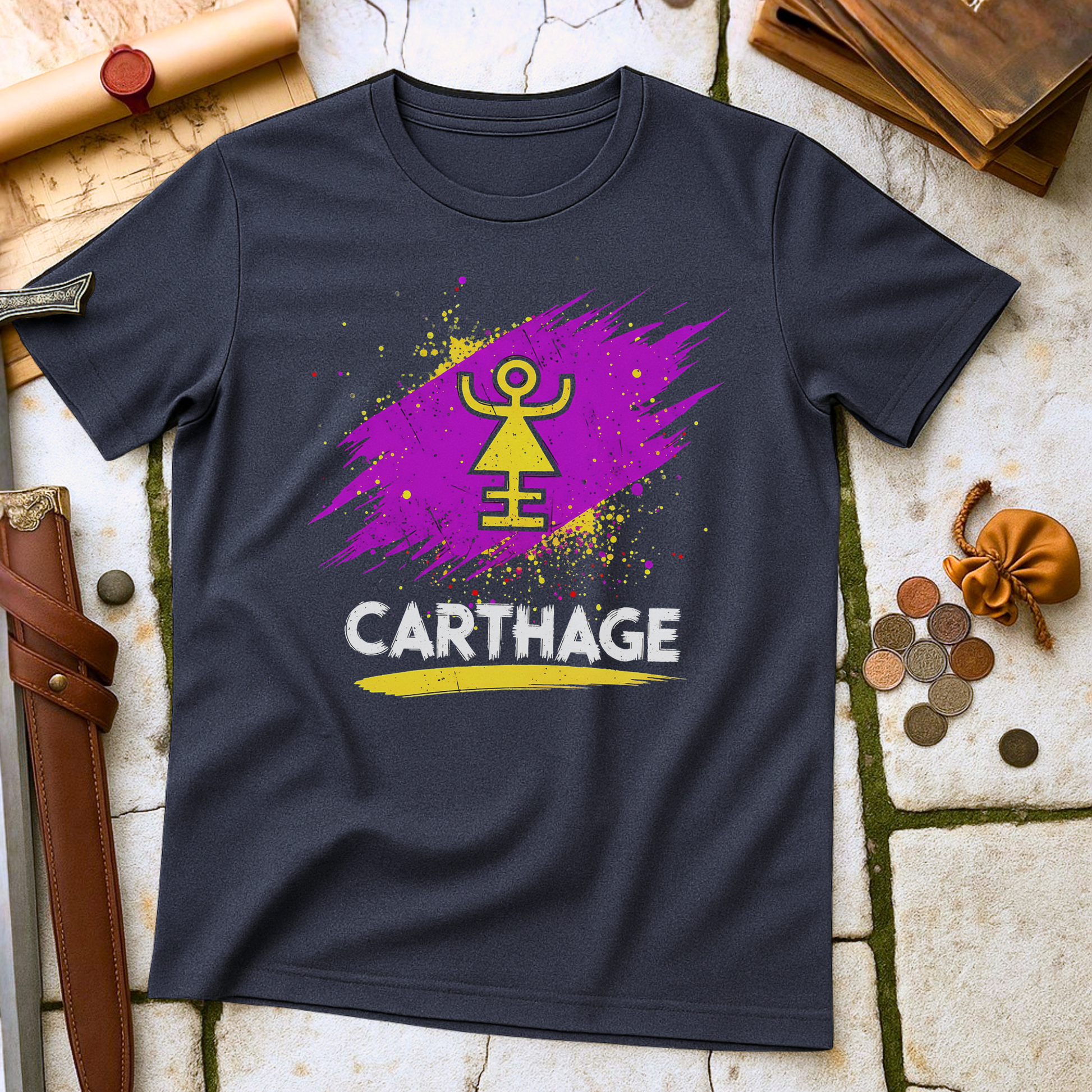 Heather Navy t-shirt with a purple and yellow design and 'CARTHAGE' text on a stone surface.