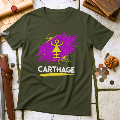 Military Green t-shirt with a purple and yellow design and 'CARTHAGE' text on a stone surface.