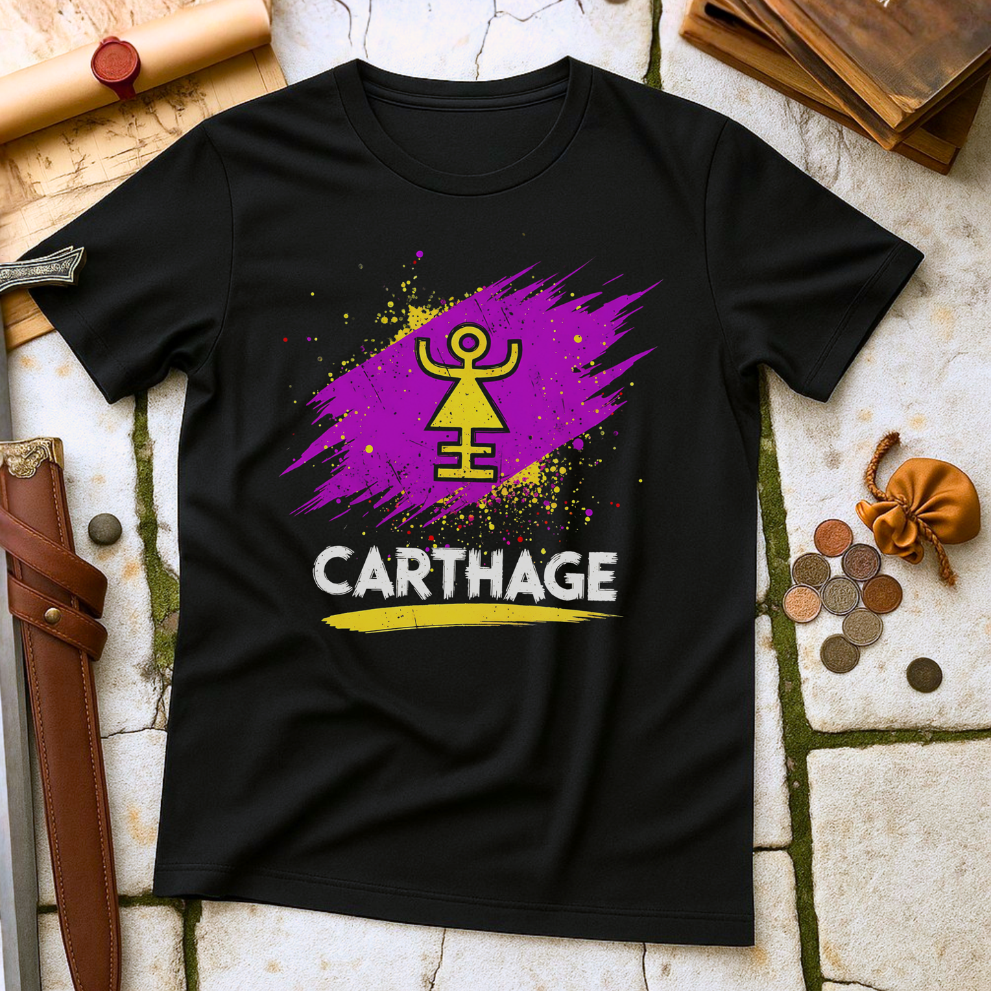 Black t-shirt with a purple and yellow design and 'CARTHAGE' text on a stone surface.