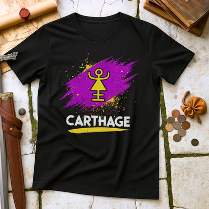 Black t-shirt with a purple and yellow design and 'CARTHAGE' text on a stone surface.
