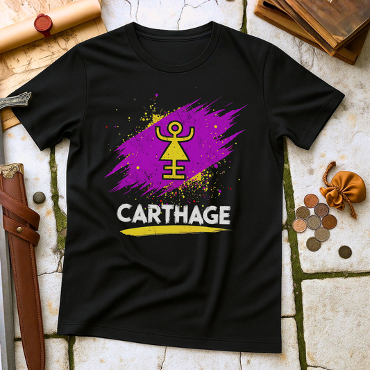 Black t-shirt with a purple and yellow design and 'CARTHAGE' text on a stone surface.