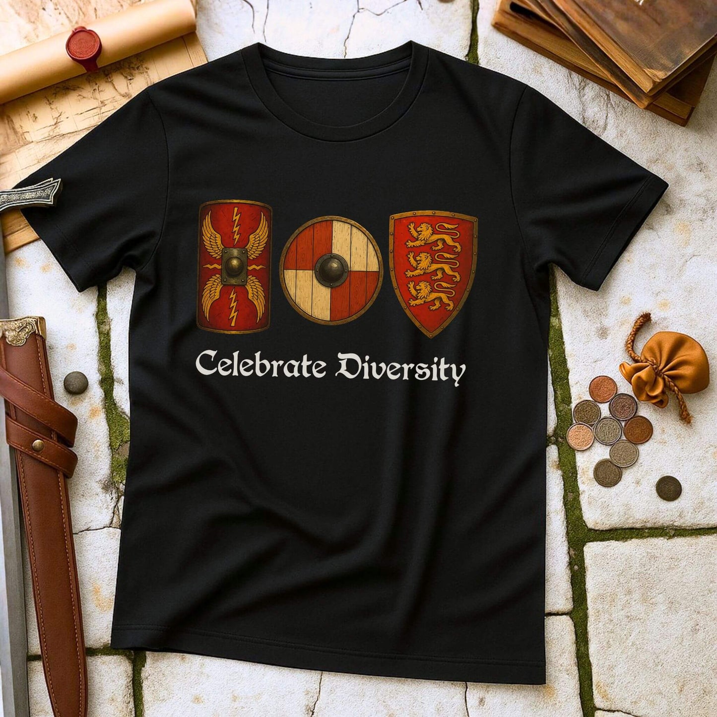 Celebrate Diversity Shields T-Shirt | Roman Viking Medieval History Tee | Military History Parody Gift