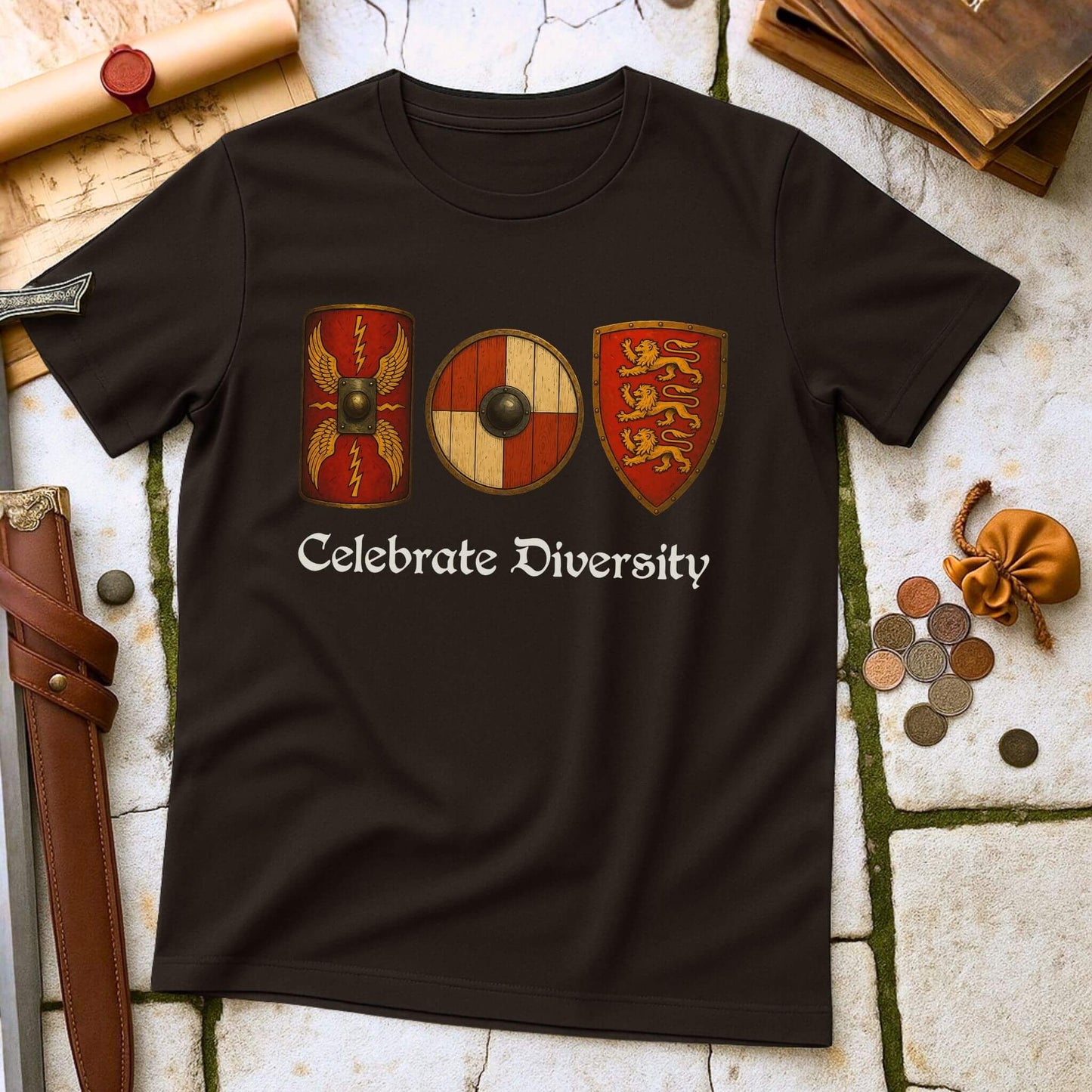 Celebrate Diversity Shields T-Shirt | Roman Viking Medieval History Tee | Military History Parody Gift