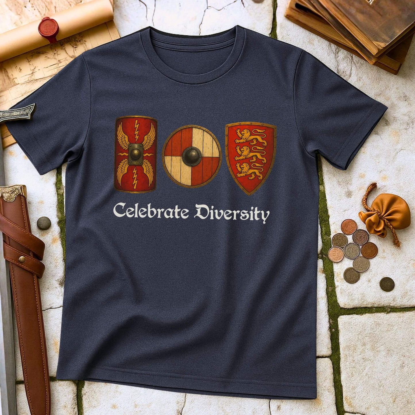 Celebrate Diversity Shields T-Shirt | Roman Viking Medieval History Tee | Military History Parody Gift